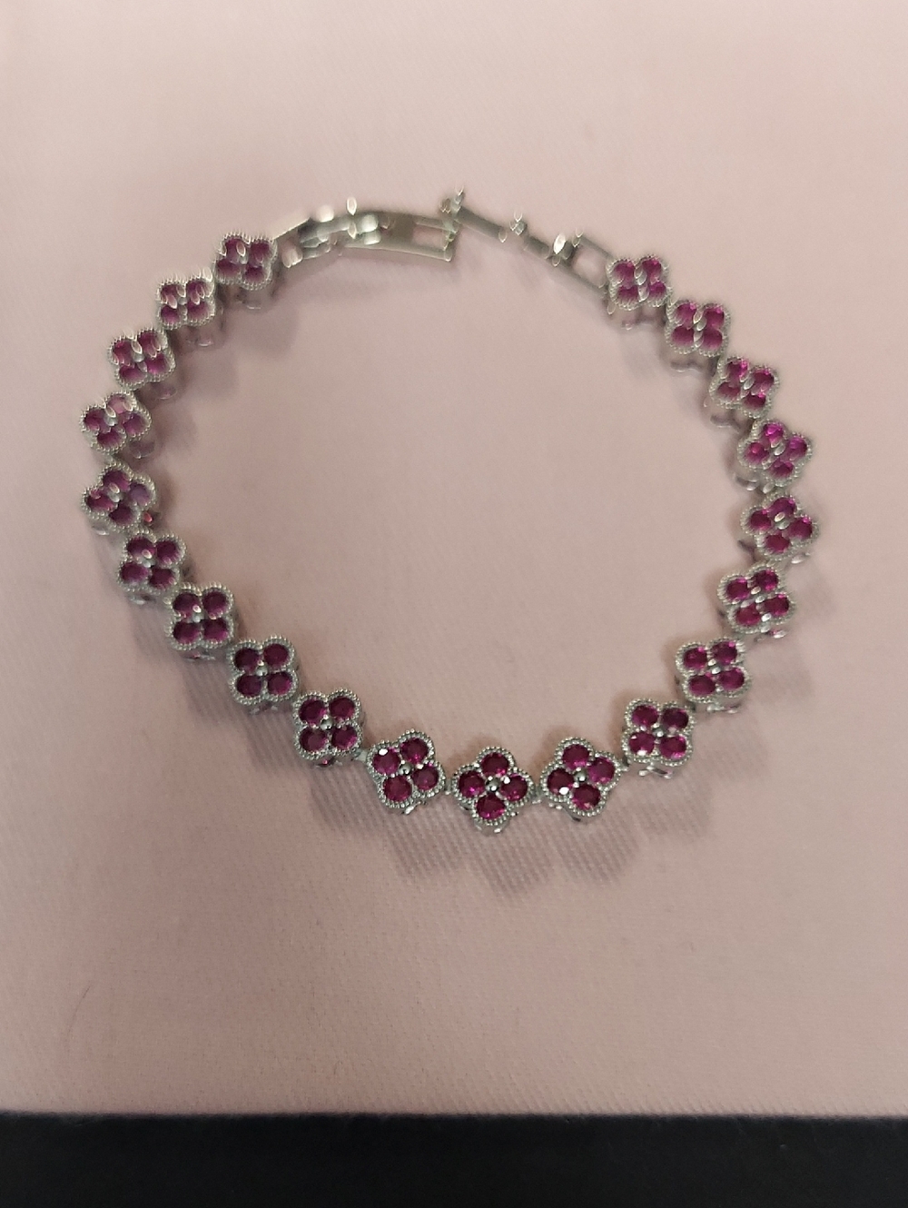 Silver Flower Link Bracelet with Pink Gemstones